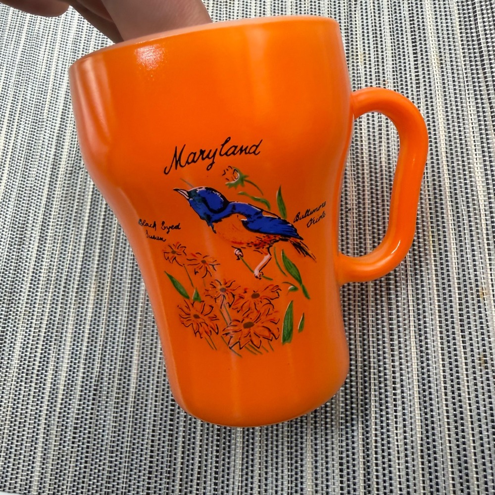 Vintage Fire King Maryland Mug Baltimore Oriole Orange Luster Milk Glass 4.25in